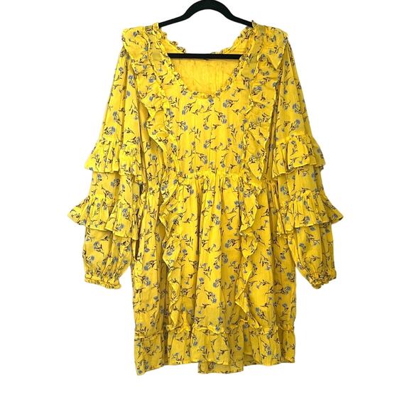 Happy X Nature By Kate Hudson Dress Size Large Ditsy Mini Floral Ruffle Yellow - Picture 3 of 16